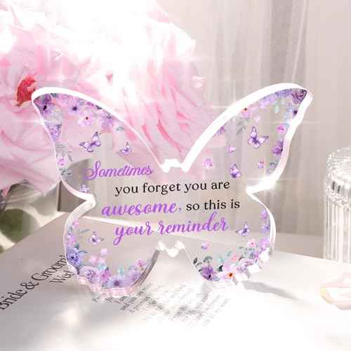 Purple Gifts for Women Christmas, 5x3.8x0.5 Inch Purple Butterfly Office Decor Acrylic Plaque, Encouragement Motivational Congratulations Gifts for Women Friend Coworker,
