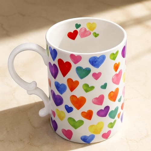 White 16oz Bone China Heart Coffee Mug with Floral Inside & Butterfly Design - Elegant Teacup for Women
