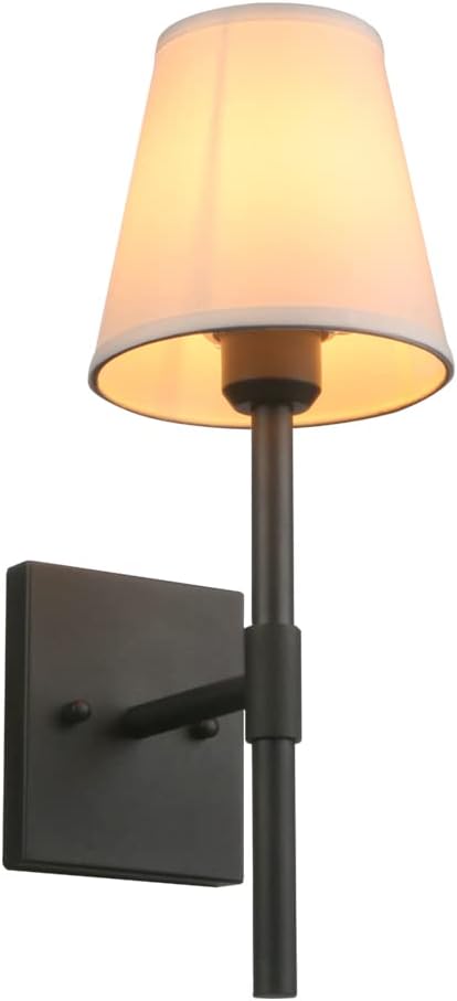 Pathson Set of 2 Hardwired Bathroom Wall Sconces with White Fabric Shade, Cloth Wall Mounted Lighting for Living Room Bedroom Hallway Matte Black Finish Base
