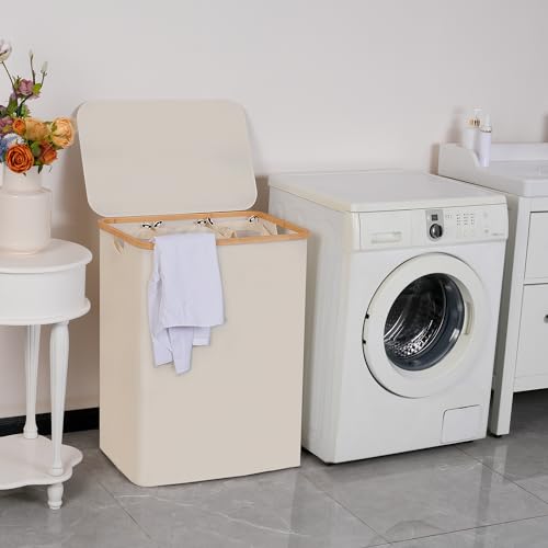 eFluky 3-Section Collapsible Laundry Hamper with Lid and Removable Mesh Bags, Large Beige