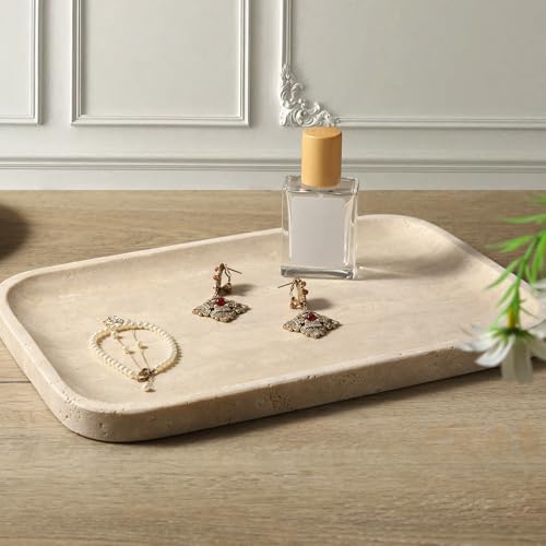 Travertine Vanity Tray - Beige Rectangular Stone Organizer for Jewelry & Bathroom Counter