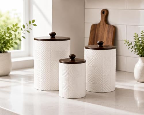 LILO DESIGN CO. Ceramic Canister Set with Airtight Bamboo Lids - 3 Sizes for Kitchen Storage