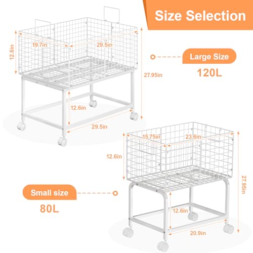 Eyteenokk 80L White Wire Rolling Laundry Basket with Handle, 23.6 x 15.75 x 28 inches