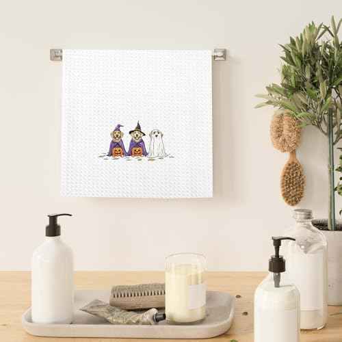 Fall Ghost Pumpkin Halloween Kitchen Towels, Ghost Golden Retriever Gifts Decor Dish Towel for Kitchen, Fall Halloween Decor, Spooky Dogs Hand Towels for Bathroom Decorations 16x24 Inch