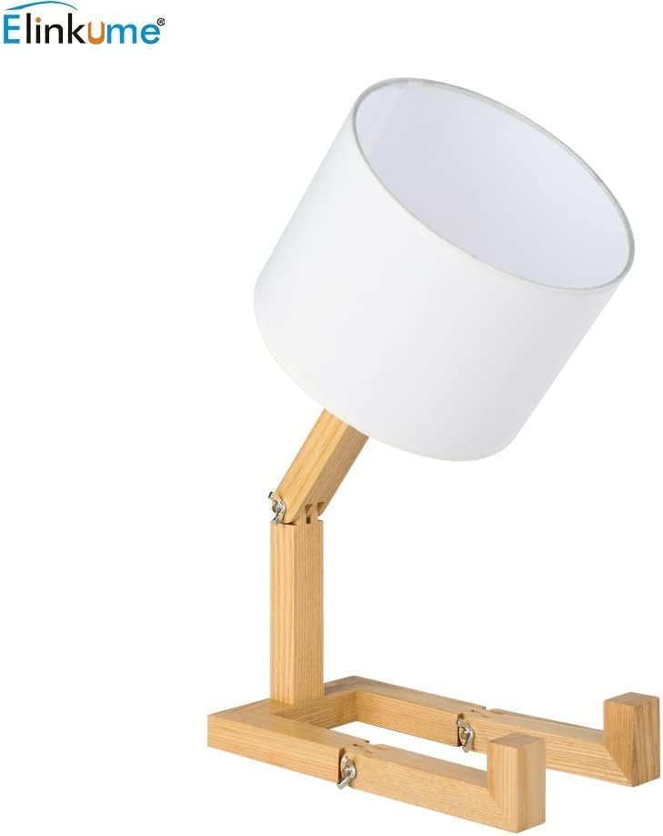 ELINKUME Robot Desk Lamp Set of 2, Creative Bedside Lamp for Bedroom,Wooden Lamp Body Adjustable,DIY E26 Living Room Table Lamps with Fabric Shade,Modern Indoor Decorative Lighting, TB-QBT005-WHM2