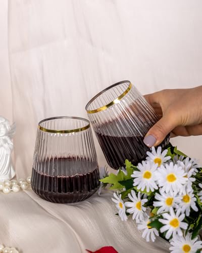 Clear & Gold 36 Pack 12oz Stemless Plastic Wine Glasses - Ribbed, BPA-Free Disposable