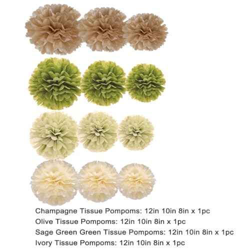 Sage Green Olive Ivory and Champagne Tan Tissue Paper Pom Poms Flower for Baby Shower Spring Summer Jungle Birthday Wedding Graduation Party Decoration, 12pc