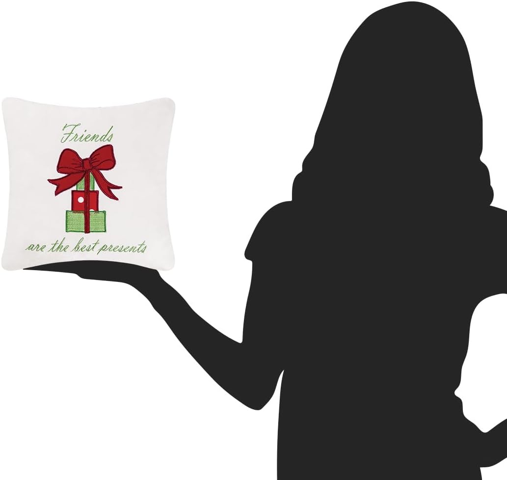 Embroidered Accent Pillow - 10" x 10" Friends Are The Best Presents - Festive Winter Holiday Decor for Sofa, Couch, Chair, Bed