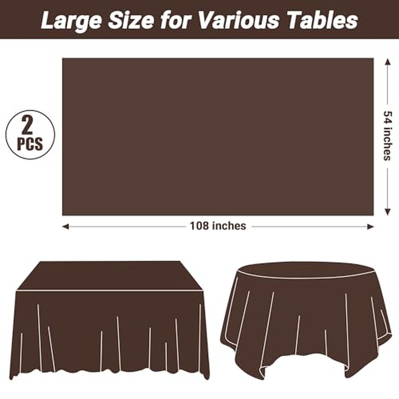 QZYL 2 Pack Brown Plastic Table Cloths, 108 x 54 Inches Rectangle Tablecloth, Disposable Plastic Tablecloths Party Table Cover, Waterproof Party Decorations for Anniversary Birthday Picnic Home