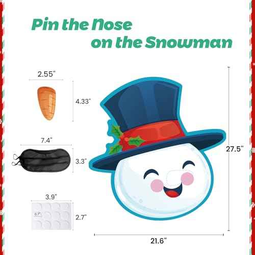 Haunt Couture Pin the Nose on the Snowman Game - Reusable Christmas Party Games for Family with 32+ Stickers | Indoor Holiday & Winter Classroom Activities Kit