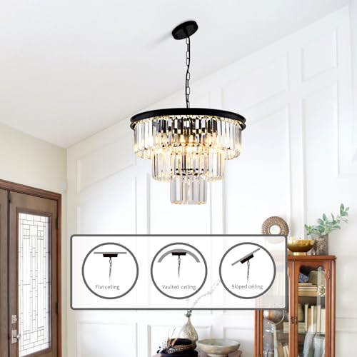 Black 20-Inch Modern Crystal Chandelier - 3-Tier Adjustable Pendant Light Fixture