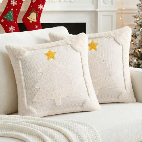 AOLIME Christmas Tree Pillow Covers Set of 2 18x18 Inch Double-Sided Embroidered Faux Fur Holiday Decor