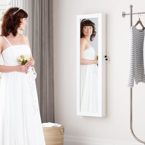 White Full Length Mirror Jewelry Cabinet Organizer with Lock & LED Lights - Off White, 43.3x12.4 Inches