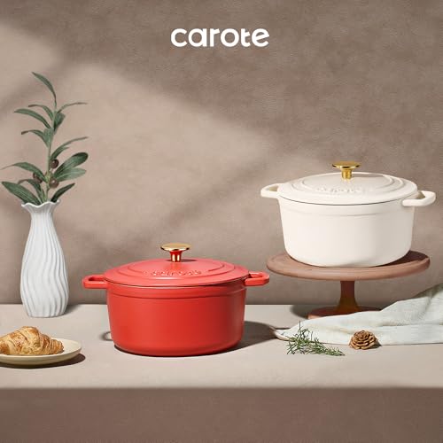 CAROTE 4QT Red Enameled Cast Iron Dutch Oven with Lid - Heavy Duty, Versatile Cooking Pot