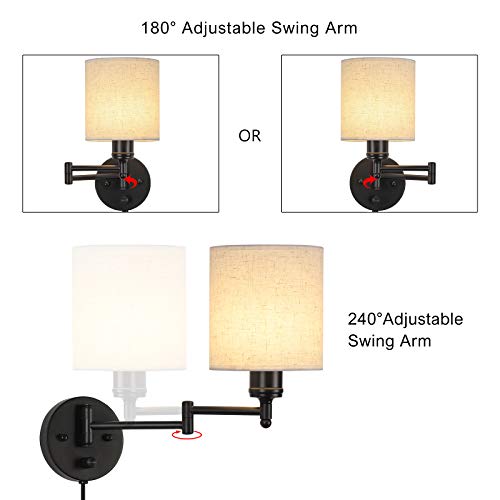 CADUKE Linen Plug-in Wall Sconce Set of 2 Swing Arm Wall Lamps - Modern Farmhouse Style