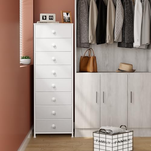 White Fabric Dresser with 8 Drawers - Tall Narrow Vertical Storage Tower