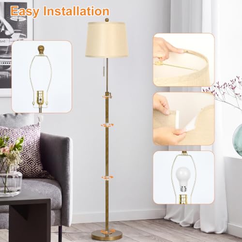 Antique Brass Adjustable Floor Lamp with Beige Shade - 55 to 65 Inches Tall, 3 Brightness Levels