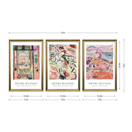 Wieco Art Framed 3-Piece Colorful Matisse Wall Art Set 16x24 inch with Bronze Gold Frames