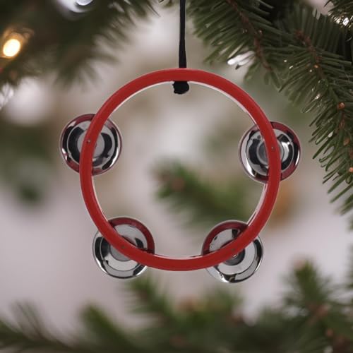 Red Wood and Brass Tambourine Ornament - Christmas Music Decor