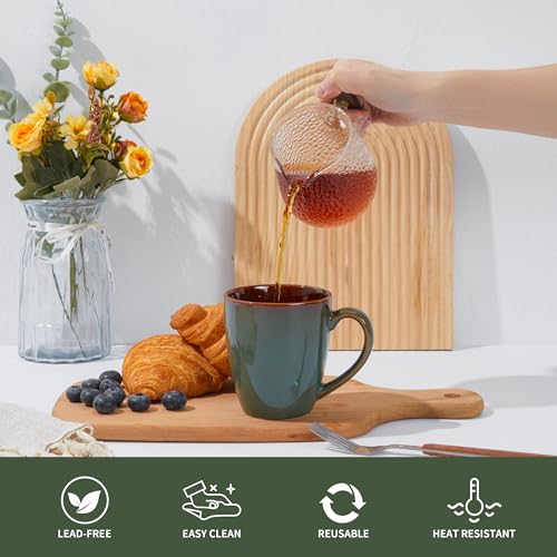 Pokini 14oz Coffee Mug Set of 4 - Artisan Glazed Ceramic Cups for Latte Tea Cappuccino, Brown Green
