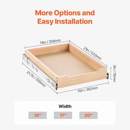 1 Tier Pull Out Cabinet Organizer - 14 x 21 Inches Wooden Shelf with Soft Close Slides