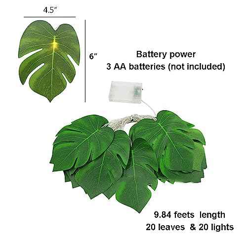 20 LED Palm Leaves String Lights, Tropical Artificial Monstera Leaf Wall Hanging Vine Leaf for Hawaiian Luau Party Jungle Theme Beach Birthday Home Decorations (A Monstera Leaf String Lights 1 Pcs)