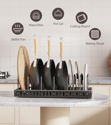 Lozovin Pull Out Pot and Pan Organizer with 8 Adjustable Dividers, 2 Pack - Under Cabinet Sliding Lid and Bakeware Rack, Black