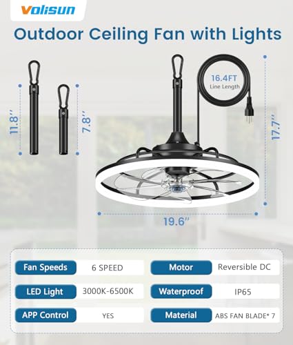 VOLISUN Black 19.7-Inch Outdoor Ceiling Fan with Light, Dimmable, Weatherproof, Remote & App Control