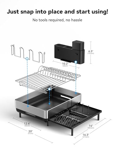 Expandable Dish Drying Rack with Flip-Up Holders - Black + Silver