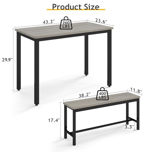 Light Grey 43-Inch Dining Table Set with 2 Benches for 4, Modern Space-Saving Kitchen Furniture