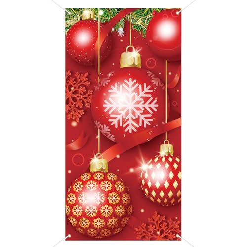 Christmas Door Cover Merry Christmas Ornament Ball, Christmas Backdrop Background Banner Outdoor Sign Front Yard Door Walls Home Party Supplies Christmas Party Decor Supplies (35.5"x71")