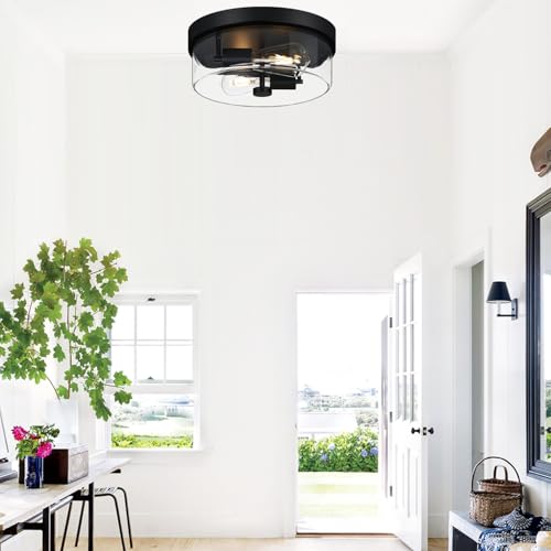 Matte Black 2-Light Farmhouse Flush Mount Ceiling Light with Clear Glass Shade