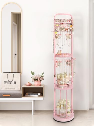 Pink Rotating Jewelry Organizer Stand with Earring, Necklace & Bracelet Storage