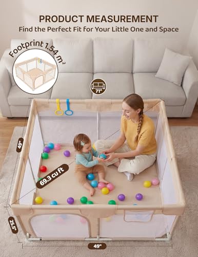 Dripex Baby Playpen with Non-Slip Mat, 47x47 Inches, Cream - Safe & Easy to Install