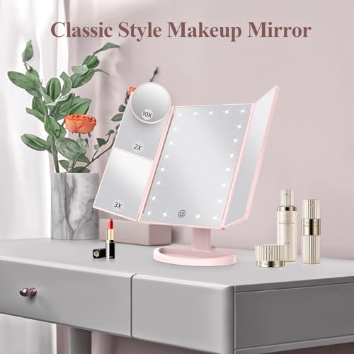 HUONUL Pink 2X/3X/10X Lighted Trifold Makeup Mirror with Adjustable Brightness