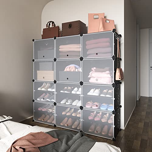 Portable 8-Tier Shoe Cabinet - Black, 48 Pairs Capacity, Space Saving Shoe Organizer with Hooks