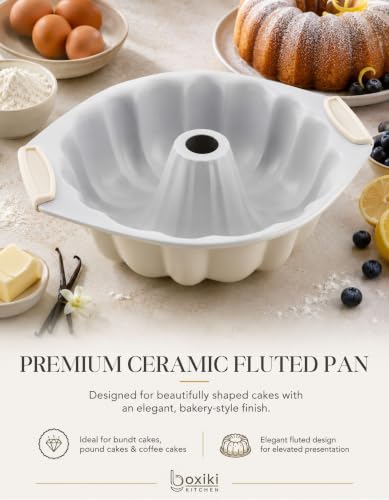 Cream Ceramic Fluted Cake Pan 12x10x3 Inches Nonstick Oven Safe Bakeware