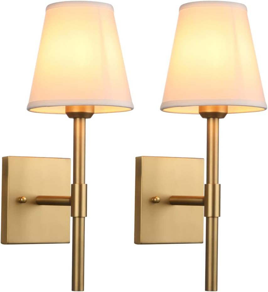 Pathson Set of 2 Hardwired Bathroom Wall Sconces with White Fabric Shade, Cloth Wall Mounted Lighting for Living Room Bedroom Hallway Matte Black Finish Base