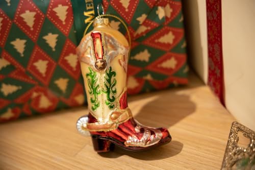 Set of 2 Hand Blown Glass Cowboy Boot Christmas Ornaments for Holiday Tree Decor