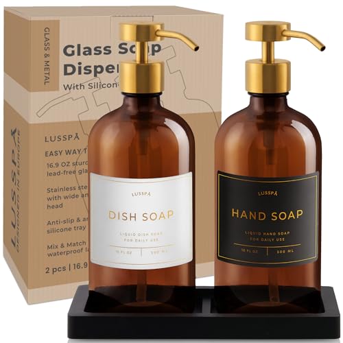 Amber Glass Soap Dispenser Set of 2 with Gold Pumps & Silicone Tray - 16.8 Oz