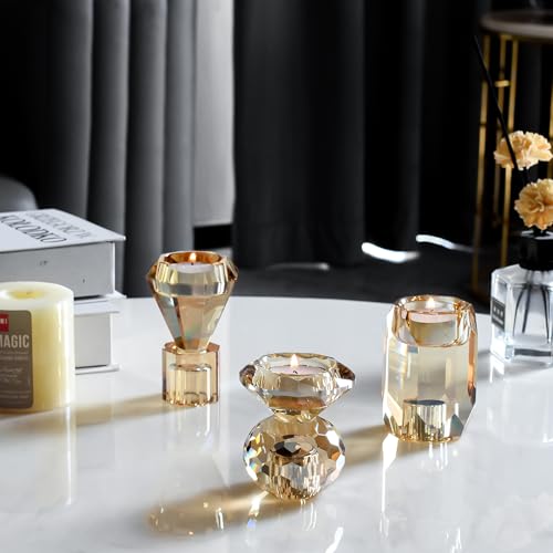 Champagne Amber Crystal Candle Holders Set of 3 for Weddings & Parties