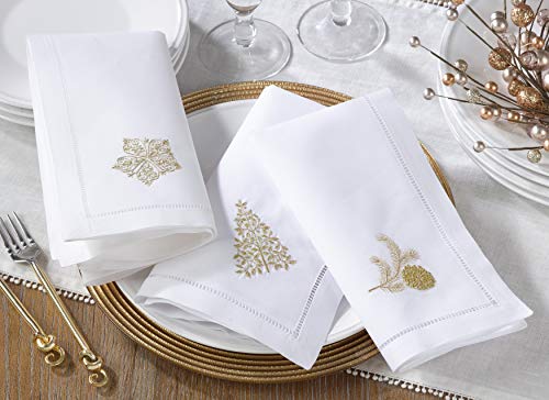 Pine Cone Embroidery Napkins Set of 6 - Handmade Cotton Table Linens with Hemstitched Border