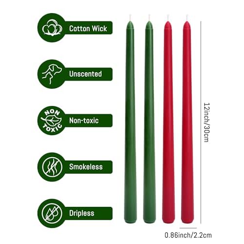 Viyffo 12 Inch Taper Candles 9-Hour Burn Christmas Edition, Green & Red 4 Pack Long Unscented Dripless & Smokeless Candlesticks for Holiday Dinner Table, Wedding & Home D?cor