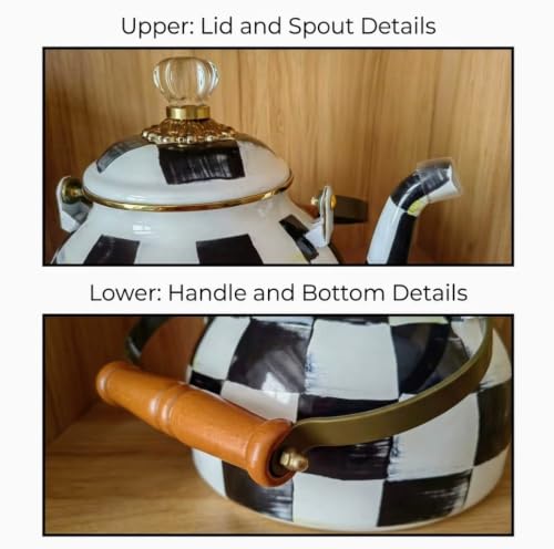 Checkered Black and White Tea Kettle - 2.5 Quart Stovetop Enamel Teapot with Wooden Handle