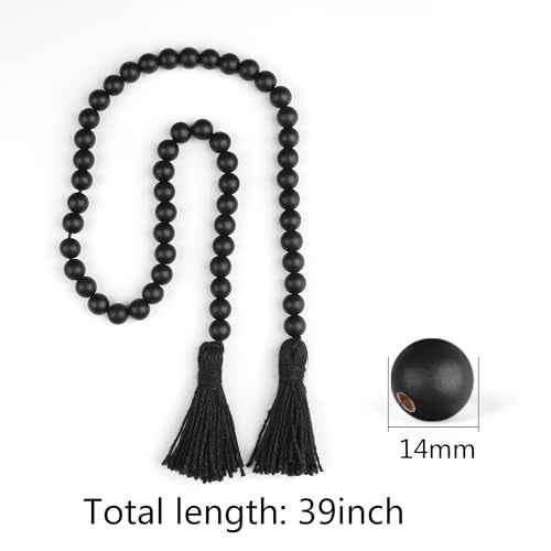Wood Beads Garland with Tassels Farmhouse Rustic Prayer Boho Beads for Boho Home Decor, Wall Hanging Decoration (Black)