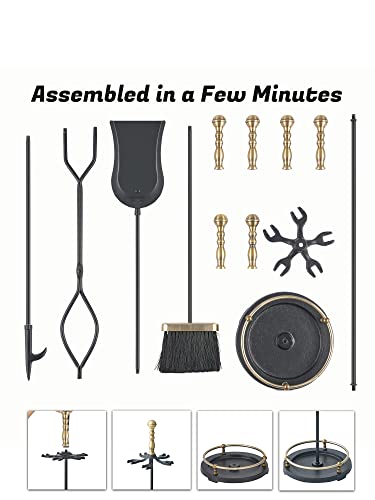 Fireplace Tools Set with Retro Gold Handles - 5-Piece Fireplace Accessory Kit