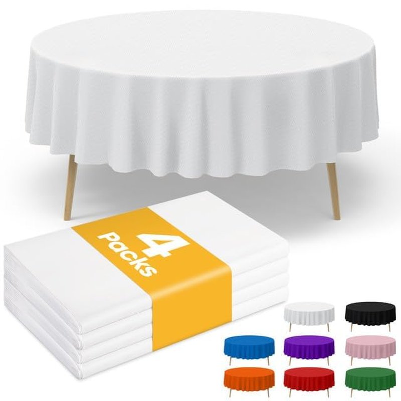 Niuara White Plastic Table Cloth - 4 Pack 84" Round Disposable Tablecloths for Round Tables, Table Cover for Holiday Parties & Gatherings