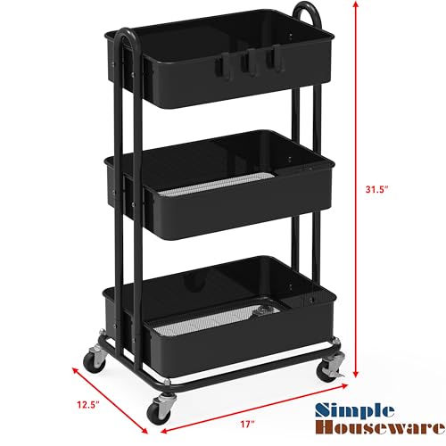 Simple Houseware Black 3-Tier Heavy Duty Metal Utility Rolling Cart