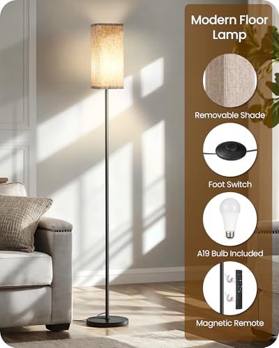 Dimmable Floor Lamp with Remote & Foot Switch - Black & Beige, 64.2 Inch Modern Corner Standing Lamp with 10W Bulb
