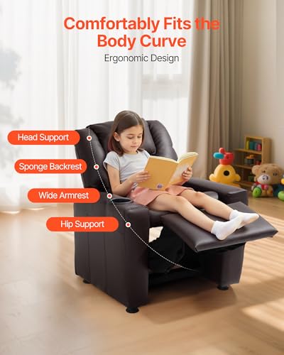 VEVOR Brown Kids Recliner with Cup Holder, Adjustable Backrest & Footrest, Toddler Reclining Chair for Ages 1-3